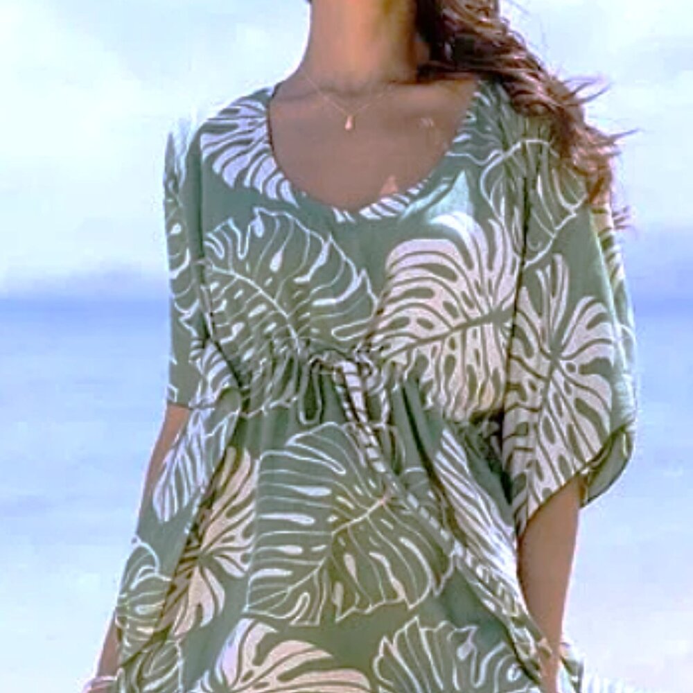 NAPUA COLLECTION Honolulu Monstera Leaf Dress Tropical Beach OS Gray EUC